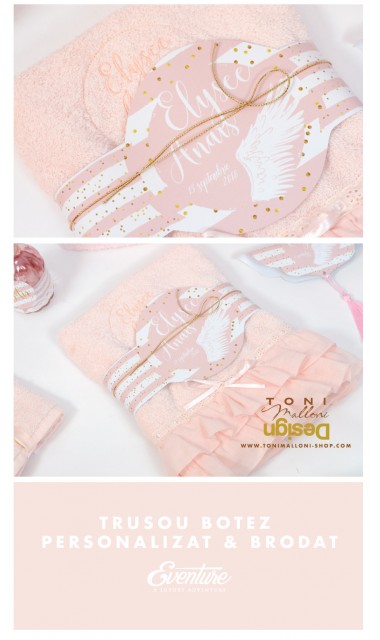Trusou de botez cu aripi de ingeri si buline gold personalizat, Gold Wings  1